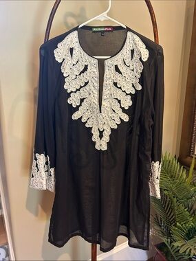 Black Tunic with White Embroidered Neckline XL